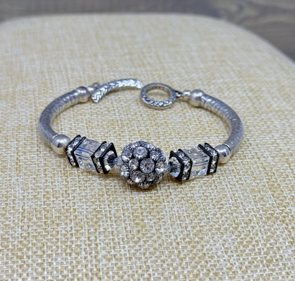 Saki 925 Sterling Silver Crystal Cube Rhinestone Bracelet Toggle Clasp 6.25 Inch
